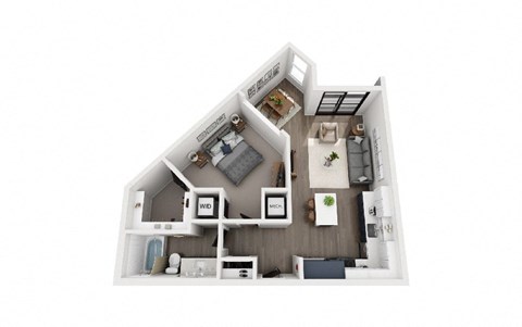 A 3D rendered image of a house layout.